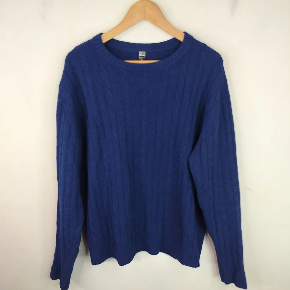 Ike Behar Cashmere Cable Knit Sweater XL Mens Classic Crew Preppy Blue
